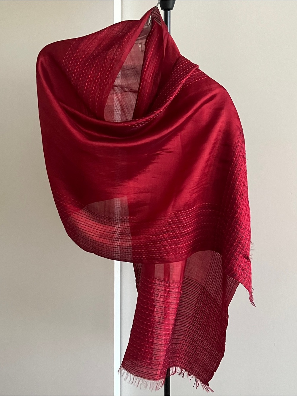FabIndia Style Handwoven 100% Silk Kantha Hand Embroidered Wrap Stole Red 74"
